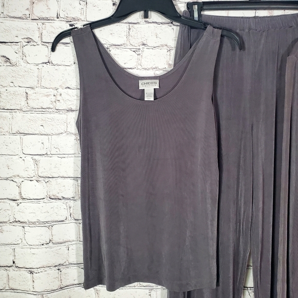 Chico's Travelers Smokey Gray Silver Slinkey 3 Piece Pant Tank Cardigan Set - Picture 2 of 16